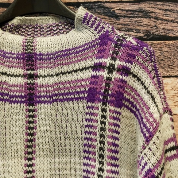 Purple and Gray Plaid Double Knit Sweater - Picture 6 of 8